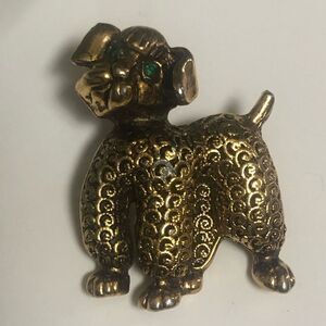 Vintage CCI Poodle Brooch Pin Gold Toned Textured Green Stone Eye Black Collar